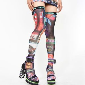 Cyberpunk City Print Thigh High Socks